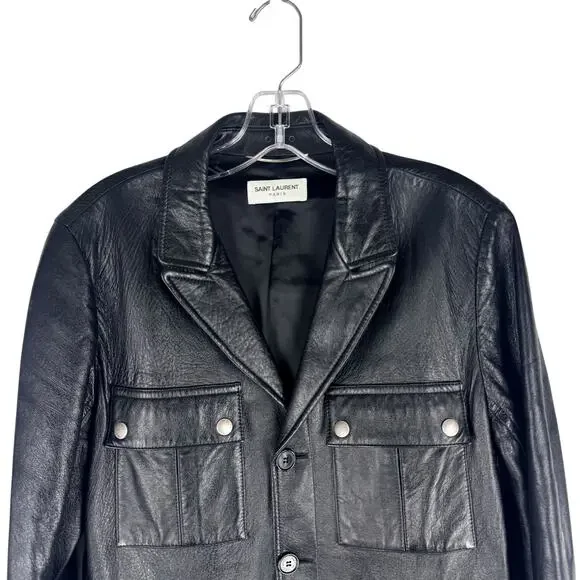 Saint Laurent Saharienne Lambskin Leather Belted Jacket K-Pop Black Mens Size 52 - Picture 3 of 11
